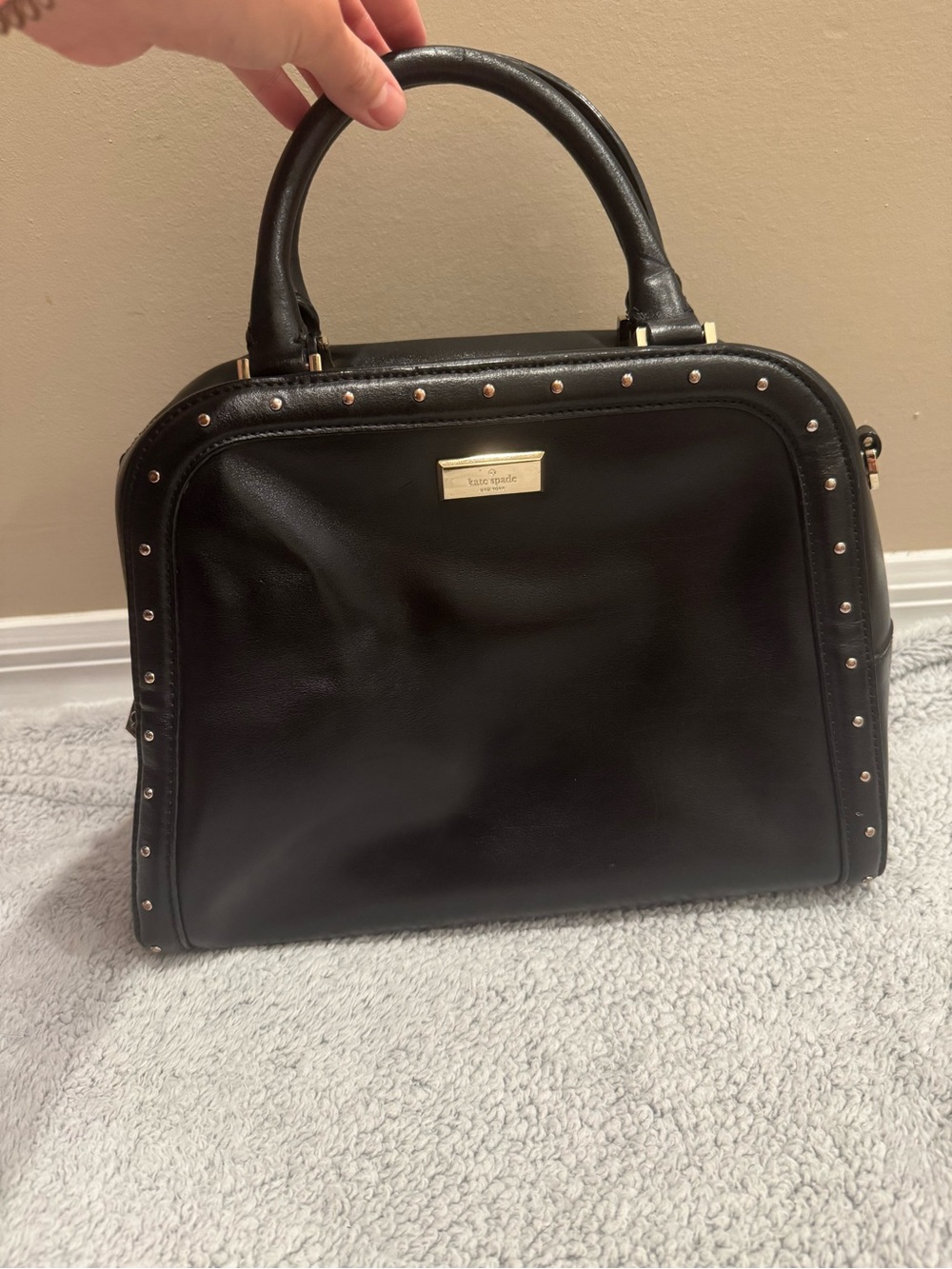 kate spade Black Leather Satchel with Gold Stud Accents